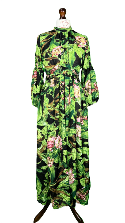 1 Piece - Georgette Elegant Floral Frock Dress 50 inch Flare and Elastic waist belt.